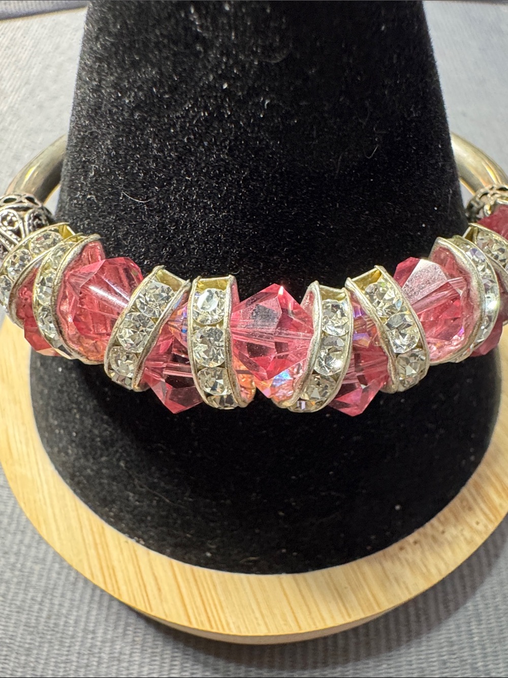 Vintage Source Unknown Pink Crystal Bracelet with Rhinestone Spacer Rings